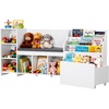 image:imageVEVOR Kids Storage Bench Wooden Toy Box Chest Large Storage Cabinet with Safety Hinge Toddlers Retro Storage Bench for Playroom Living Room or Entryway 297 x 153 x 189 in Easy Assembly BrownWhite