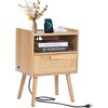 image:imageVEVOR Rattan Nightstand Boho Bedside Table with Drawer Open Shelf End Table Wooden Nightstand with Solid Wood Legs Rattan Side Table with Charging Station for Bedroom1 Drawer with Open Shelf