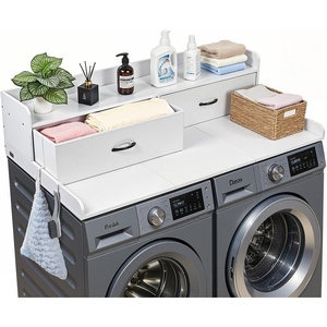 image:imageVEVOR 2 Drawers Washer Dryer Countertop with Shelf 54 x 27 Wooden Laundry Countertop with 2 Hooks amp Splicing Panels Washer and Dryer Topper Laundry Room Organization and Storage BlackWhite