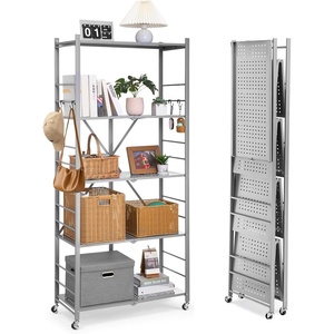 image:imageVEVOR 4Tier Foldable Storage Shelf 26W x 13D x 46H Inch Folding Metal Rack Shelving Unit No Assembly Organizer Shelf with 5 Wheels amp 4 Hooks for Pantry Kitchen Garage Basement BlackGrey
