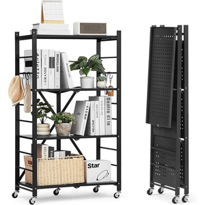 image:imageVEVOR 4Tier Foldable Storage Shelf 26W x 13D x 46H Inch Folding Metal Rack Shelving Unit No Assembly Organizer Shelf with 5 Wheels amp 4 Hooks for Pantry Kitchen Garage Basement BlackBlack