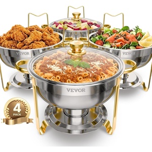 image:imageVEVOR Chafing Dish Buffet Set 5 Qt 4 Pack Stainless Steel Chafer with 4 Full Size Pan Round Catering Warmer Server with Glass Lid Water Pan Folding Stand Fuel Holder for Wedding Banquet GoldGold