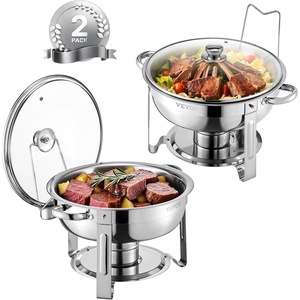 image:imageVEVOR Chafing Dish Buffet Set 5 Qt 4 Pack Stainless Steel Chafer with 4 Full Size Pan Round Catering Warmer Server with Glass Lid Water Pan Folding Stand Fuel Holder for Wedding Banquet GoldSilverwhite