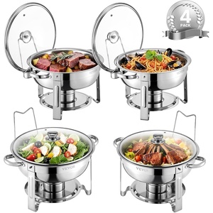 image:imageVEVOR Chafing Dish Buffet Set 5 Qt 4 Pack Stainless Steel Chafer with 4 Full Size Pan Round Catering Warmer Server with Glass Lid Water Pan Folding Stand Fuel Holder for Wedding Banquet GoldSilver