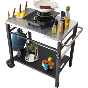 image:imageVEVOR Outdoor Grill Dining Cart with DoubleShelf BBQ Movable Food Prep Table Multifunctional Foldable Iron Table Top Portable Modular Carts for Pizza Oven Worktable with 2 Wheels Carry HandleStainless Steel Table Top