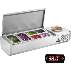 image:imageVEVOR Refrigerated Condiment Prep Station 150 W Countertop Refrigerated Condiment Station with Eight 16 Pans 304 Stainless Body and PC Lid Sandwich Prep Table for Restaurant amp Food StallNew Stainless 48 in
