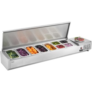 image:imageVEVOR Refrigerated Condiment Prep Station 150 W Countertop Refrigerated Condiment Station with Eight 16 Pans 304 Stainless Body and PC Lid Sandwich Prep Table for Restaurant amp Food StallNew Stainless 71 in