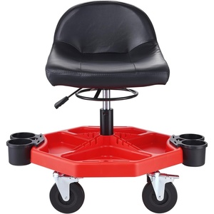 image:imageHappybuy Movable Garage Chair Height Adjustable 17 x 15 in Cozy Padding Circular Workshop Chair with Component Holder Universal 5 Wheels with Dual Brakes Mechanic Rolling Seat