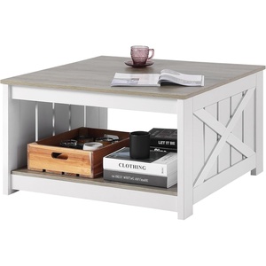 image:imageVEVOR 315 Farmhouse Coffee Table Square Coffee Table with Open Storage Compartment Wooden Rustic Cocktail Table for Living Room Bedroom Apartment Studio Grey amp WhiteWhite