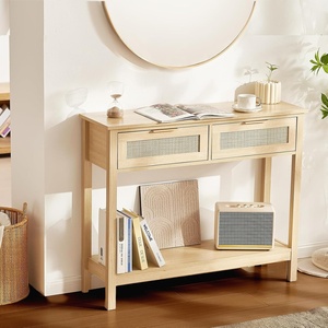 image:imageVEVOR Rattan Console Table with 3 Storage Drawers Rattan Entryway Table with Natural Rattan Sliding Door Console Sofa Table for Living Room Study Entryway Or TV Wall Natural2 DrawersRectangular
