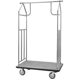 image:imageVEVOR Hotel Luggage Cart Brushed Stainless Steel Finish Bellmans Cart Valet Cart with Grey Carpeted Deck and 6inch Rubber Wheels Ideal for Hotels Condos Resorts Silver424x25x71in