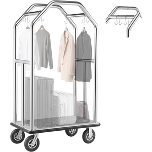 image:imageVEVOR Hotel Luggage Cart Brushed Stainless Steel Finish Bellmans Cart Valet Cart with Grey Carpeted Deck and 6inch Rubber Wheels Ideal for Hotels Condos Resorts Silver424x252x736in