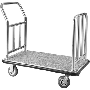 image:imageVEVOR Hotel Luggage Cart Brushed Stainless Steel Finish Bellmans Cart Valet Cart with Grey Carpeted Deck and 6inch Rubber Wheels Ideal for Hotels Condos Resorts Silver425x25x386in