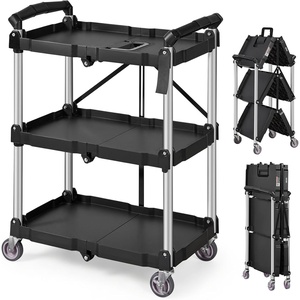 image:imageVEVOR 3 Shelf Heavy Duty Folding Jobsite Cart 3 Tier Rolling Cart with Side Tool Holder amp 360 Swivel Wheels 2 Brakes 300 LBS Folding Utility Cart Tool Storage for Garage Warehouse Workshop2562 x1543 x3276 inch