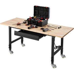 image:imageVEVOR Adjustable Workbench 5000 lbs Capacity 72 x 24 Inch Oak Wood Top Workstation with 4 AC Outlets amp 2 USB Ports HeavyDuty Hardwood Worktable for Garage Workshop Home Office CommercialDrawer StorageUniversal Wheels60x24