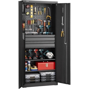 image:imageVEVOR Metal Storage Cabinet 180 lbs Shelf Load Capacity 7087 Tall Garage Tool Storage Cabinet with 2 Locking Doors Adjustable Shelves 2 Drawers Pegboard for Garage Home Office Utility RoomImmovable2 door