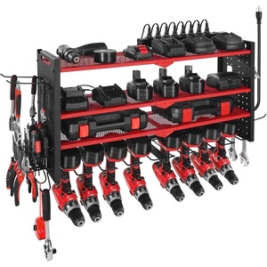 image:imageVEVOR Power Tool Organizer with Charging Station 3Layer Drill Storage Rack with 4 Drill Holders amp Side Pegboard Garage Tool Organizer Built in 8 Outlet Power Strips for Garage Workbench Workshop4Layer 8 Drill