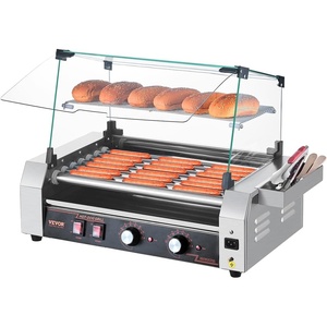image:imageVEVOR Hot Dog Roller 30 Hot Dog 11 Rollers Stainless Steel Sausage Grill Cooker 1600W Commercial Hot Dog Machine with Dual Temp Control Cover Side Storage Box Removable Shelf amp Oil Drip Tray7 RollersCover