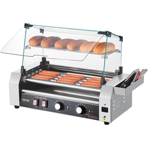 image:imageVEVOR Hot Dog Roller 30 Hot Dog 11 Rollers Stainless Steel Sausage Grill Cooker 1600W Commercial Hot Dog Machine with Dual Temp Control Cover Side Storage Box Removable Shelf amp Oil Drip Tray5 RollersCover