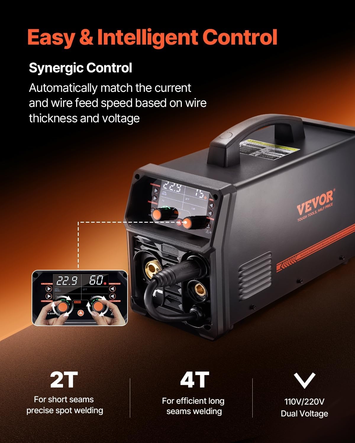 image:imageVEVOR Pro MIG Welder 250A Pluse Mig Welding Machine 5in1 Synergic Welder Machine MIG PluseGas MIGFlux Core MIGStickLift TIG 110V220V Dual Voltage Aluminum Mig Welder with LCD Screen Display169 x 71 x 126 in