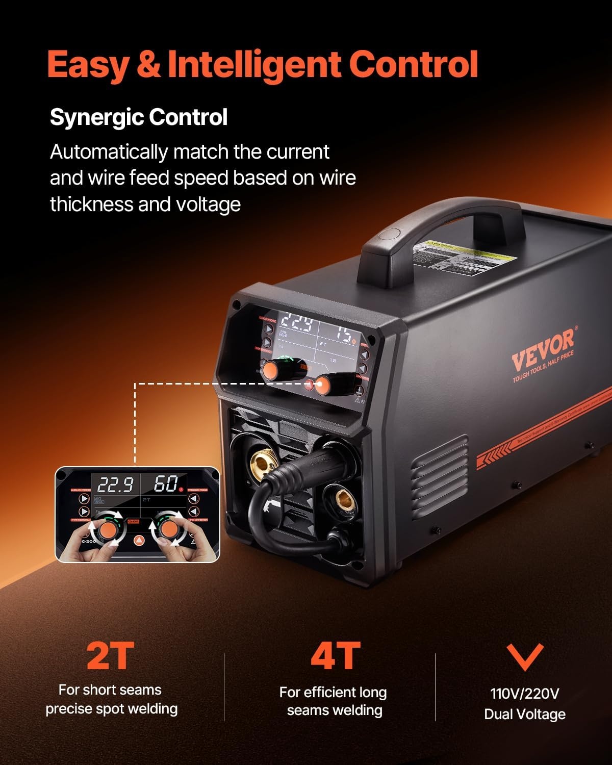 image:imageVEVOR Pro MIG Welder 250A Pluse Mig Welding Machine 5in1 Synergic Welder Machine MIG PluseGas MIGFlux Core MIGStickLift TIG 110V220V Dual Voltage Aluminum Mig Welder with LCD Screen Display4in1 200A