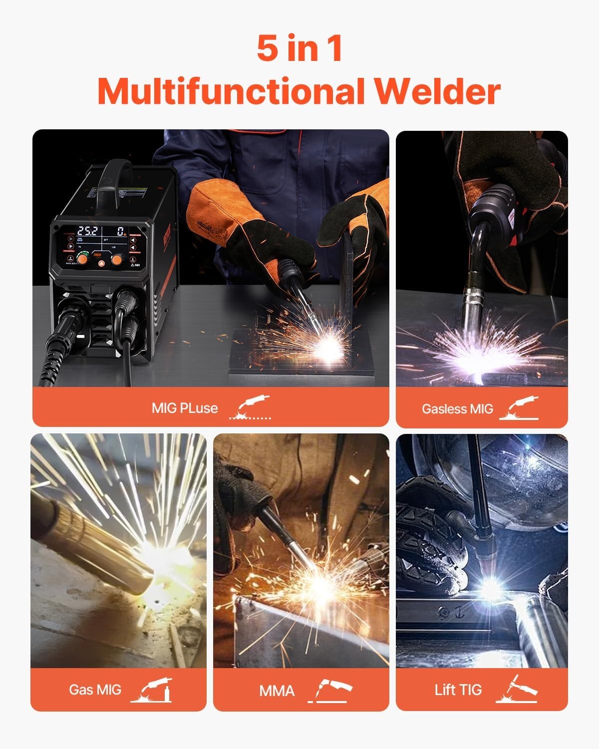 image:imageVEVOR Pro MIG Welder 250A Pluse Mig Welding Machine 5in1 Synergic Welder Machine MIG PluseGas MIGFlux Core MIGStickLift TIG 110V220V Dual Voltage Aluminum Mig Welder with LCD Screen Display200 A