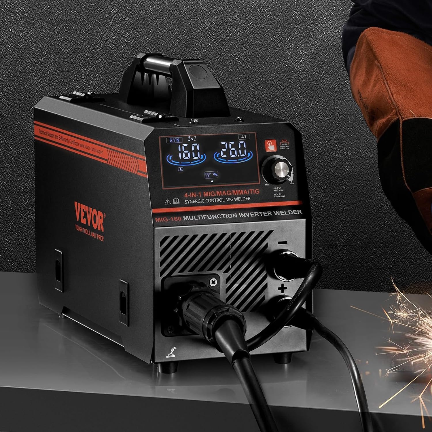 image:imageVEVOR Pro MIG Welder 250A Pluse Mig Welding Machine 5in1 Synergic Welder Machine MIG PluseGas MIGFlux Core MIGStickLift TIG 110V220V Dual Voltage Aluminum Mig Welder with LCD Screen Display4in1 160A