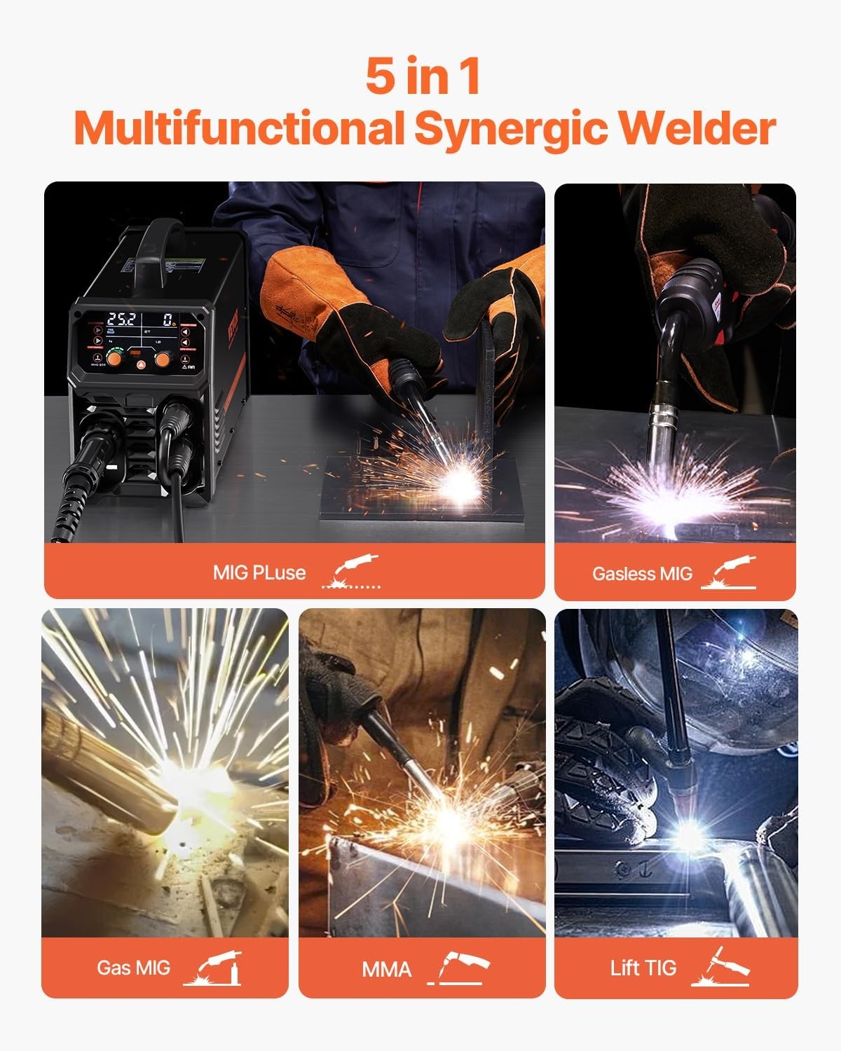 image:imageVEVOR Pro MIG Welder 250A Pluse Mig Welding Machine 5in1 Synergic Welder Machine MIG PluseGas MIGFlux Core MIGStickLift TIG 110V220V Dual Voltage Aluminum Mig Welder with LCD Screen Display169 x 71 x 126 in