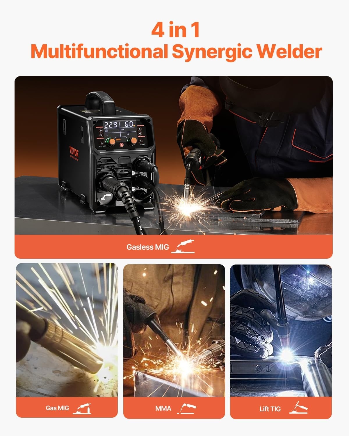 image:imageVEVOR Pro MIG Welder 250A Pluse Mig Welding Machine 5in1 Synergic Welder Machine MIG PluseGas MIGFlux Core MIGStickLift TIG 110V220V Dual Voltage Aluminum Mig Welder with LCD Screen Display4in1 200A