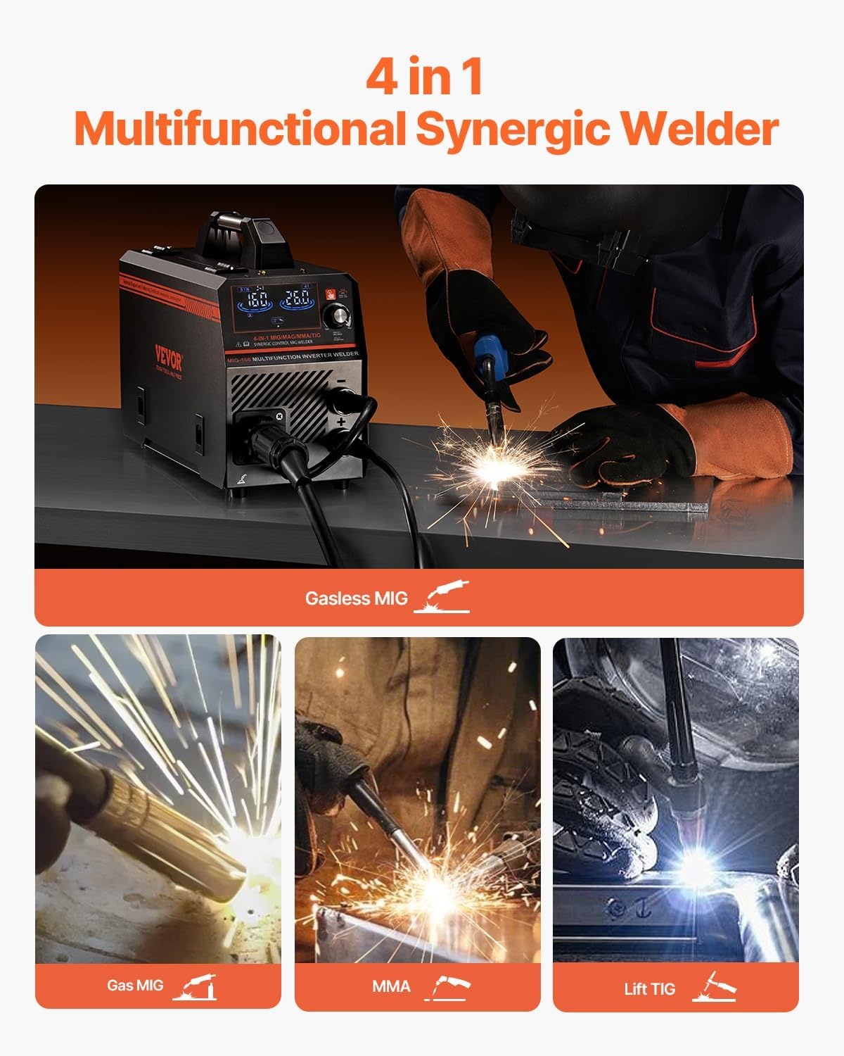 image:imageVEVOR Pro MIG Welder 250A Pluse Mig Welding Machine 5in1 Synergic Welder Machine MIG PluseGas MIGFlux Core MIGStickLift TIG 110V220V Dual Voltage Aluminum Mig Welder with LCD Screen Display4in1 160A