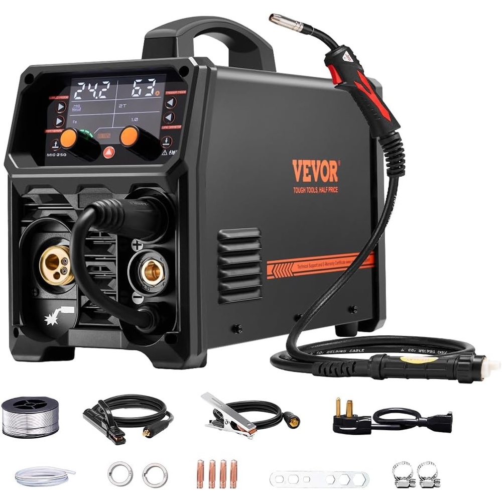 image:imageVEVOR Pro MIG Welder 250A Pluse Mig Welding Machine 5in1 Synergic Welder Machine MIG PluseGas MIGFlux Core MIGStickLift TIG 110V220V Dual Voltage Aluminum Mig Welder with LCD Screen Display169 x 71 x 126 in