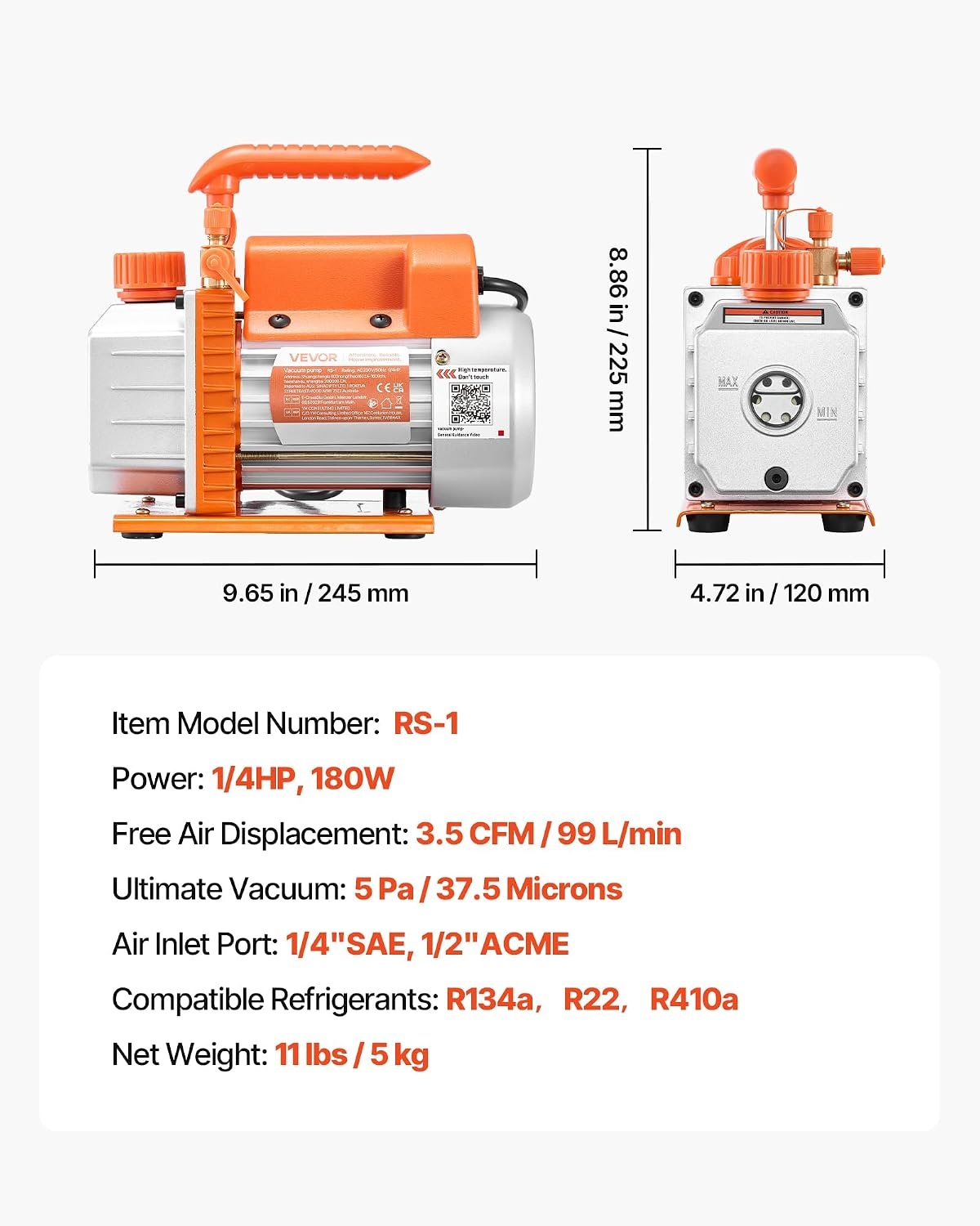 image:imageVEVOR Vacuum Pump 35 CFM 14 HP HVAC Single Stage Rotary Vane AC Vacuum Pump for R134a R22 R410a Systems 4 Pole Motor for Automotive Air Conditioner Maintenance Resin Degassing Oil Included
