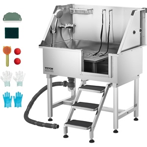image:imageVEVOR 38 Inch Stainless Steel Dog Washing Station Pet Grooming Tub with Hot amp Cold Faucet Showerhead Home Wash Sink Fits Small and Medium Cats and Dogs NonSlip Stairs Right DoorSilver