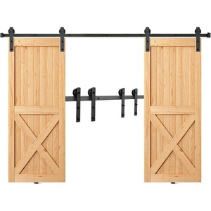 image:imageVEVOR 8FT Sliding Barn Door Hardware Kit  330LBS Heavy Duty Double Door Track Smooth amp Silent Pulley System Fits 2 Door Panels 3743FT Total Wide 1318 ThickIshaped  Black