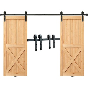 image:imageVEVOR 8FT Sliding Barn Door Hardware Kit  330LBS Heavy Duty Double Door Track Smooth amp Silent Pulley System Fits 2 Door Panels 3743FT Total Wide 1318 ThickJshaped  Black