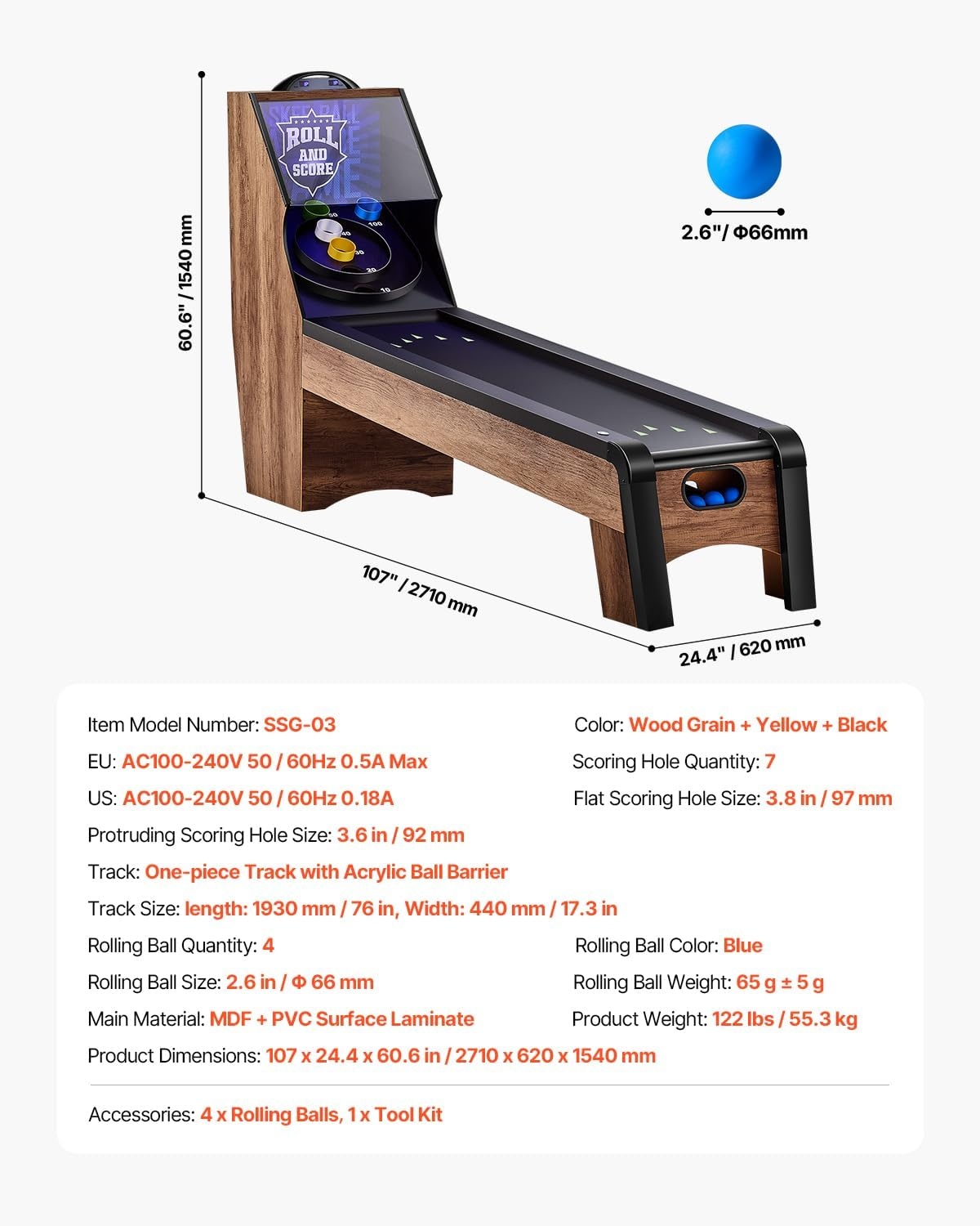 image:imageVEVOR Roll and Score Classic Arcade GameTable Sky Ball Table Machine LED ElectronicScorer amp Track Lighting Sound Automatic BallReturn Home Recreation Game Room9