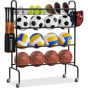 image:imageVEVOR Rolling Sports Ball Storage Cart Lockable Basketball Cage with Double Lids Sport Equipment Holder Organizer for Indoor Outdoor Steel Storage Rack for Garages Playgroup Gym and Schools4tiers rack