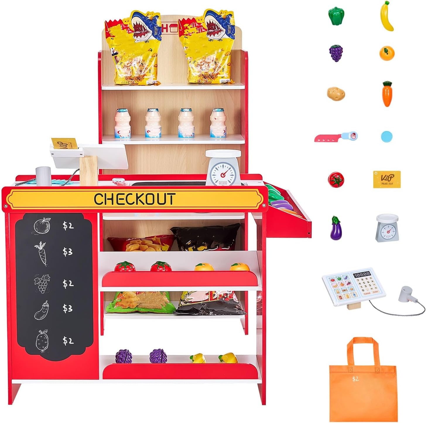 image:imageVEVOR Kids Pretend Play Grocery Store Wooden Supermarket Toy Set with Shopping Bag Conveyor Belt Scanner Cash Register Realistic Scale Gift for Boys amp GirlsModular Stall Set