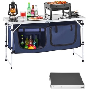 image:imageVEVOR Camping Kitchen Station 3 Adjustable Height Folding Outdoor Camp Cooking Table with Storage Organizer Quick Setup for Patio BBQ Picnic Glamping TravelingBlackblue