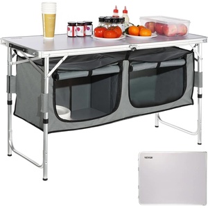 image:imageVEVOR Camping Kitchen Station 3 Adjustable Height Folding Outdoor Camp Cooking Table with Storage Organizer Quick Setup for Patio BBQ Picnic Glamping TravelingGrey