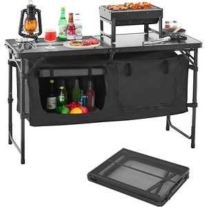 image:imageVEVOR Camping Kitchen Station 3 Adjustable Height Folding Outdoor Camp Cooking Table with Storage Organizer Quick Setup for Patio BBQ Picnic Glamping TravelingBlack