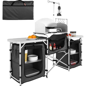 image:imageVEVOR Camping Kitchen Table Folding Outdoor Cooking Table with Storage Carrying Bag Aluminum Cook Station 3 Cupboard amp Detachable Windscreen Quick Setup for Picnics BBQ RV Traveling BlackBlack