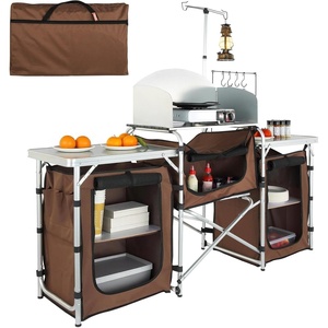 image:imageVEVOR Camping Kitchen Table Folding Outdoor Cooking Table with Storage Carrying Bag Aluminum Cook Station 3 Cupboard amp Detachable Windscreen Quick Setup for Picnics BBQ RV Traveling BlackBrown