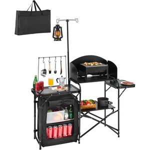 image:imageVEVOR Camping Kitchen Table Outdoor Camp Cooking Table Portable Cook Station with Storage Cupboard Carrying Bag Detachable Windscreen Quick Setup for BBQ Party Picnic RV Travel BlackDeep Black