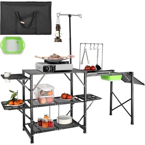 image:imageVEVOR Camping Kitchen Table with Sink Aluminum Folding Portable Outdoor Cook Station 2 Shelves amp Carrying Bag for Picnic BBQ Beach TravelingBlack