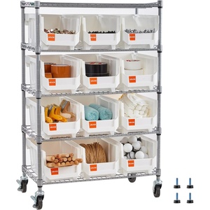 image:imageVEVOR 5Tier Rolling Bin Storage Rack 12 Organizer Bins Bin Rack Storage Steel Wire Shelving System with Wheels Mobile Tool Organizer for Garage Warehouse Office Restaurant Classroom Kitchen5Tier 12 Bins