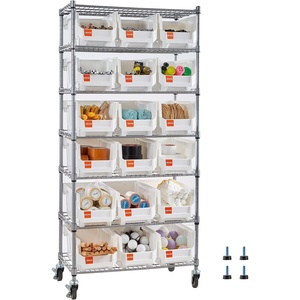 image:imageVEVOR 5Tier Rolling Bin Storage Rack 16 Organizer Bins Bin Rack Storage Steel Wire Shelving System with Wheels Mobile Tool Organizer for Garage Warehouse Office Restaurant Classroom Kitchen7Tier 18 Bins