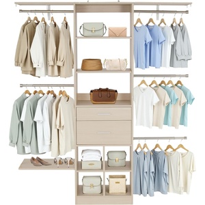 image:imageVEVOR Closet System with 3 Drawers Adjustable Height Wooden Closet Organizers Modern Walkin Wardrobe Organization with 3 Retractable Clothes Hanger Rods Freestanding Garment Rack Storage WhiteOak