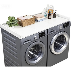 image:imageVEVOR Washer Dryer Countertop with 3 Splicing Panels 54 x 27 Wooden Washer and Dryer Countertop with 2 Hooks WaterResistant Laundry Topper for Laundry Room Organization and Storage GrayWhite