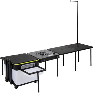 image:imageVEVOR Mobile Kitchen Multifunctional Portable Camp Box with Wheels AllinOne Integrated Outdoor Cooking Station with Windproof Stove Storage Organizer and Foldable Tables Black